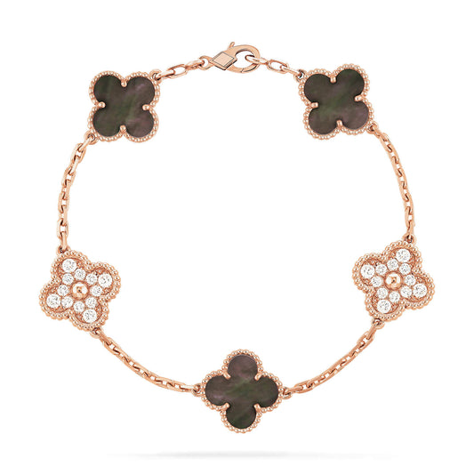 [AuraEcho Jewelry]CLOVER 5 MOTIFS DARK MOP AND DIAMONDS PINK GOLD BRACELET