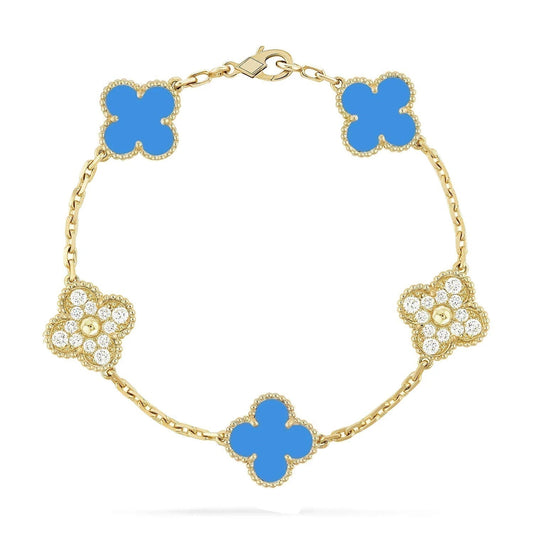 [AuraEcho Jewelry]CLOVER 5 MOTIF BLUE CHALCEDONY DIAMOND GOLD BRACELET